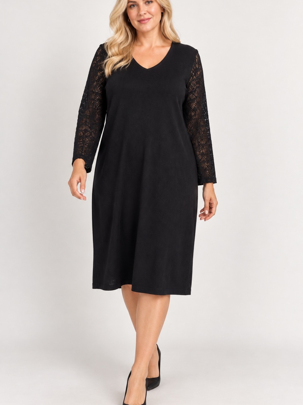 Jones New York Collection Woman 2X Black Tunic Dress Lace 3/4 Sleeves V-Neck